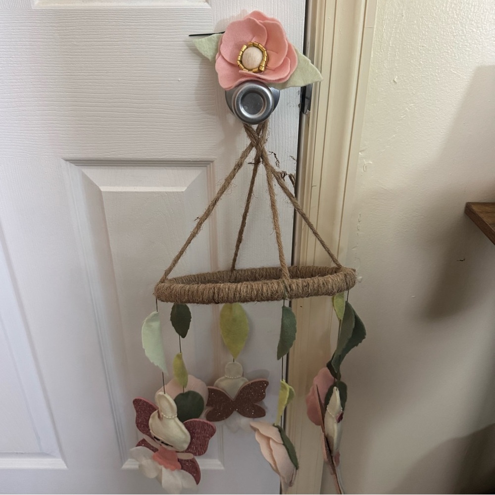 Hanging Felt Flower & Butterfly Mobile - Pink, Green, Cream